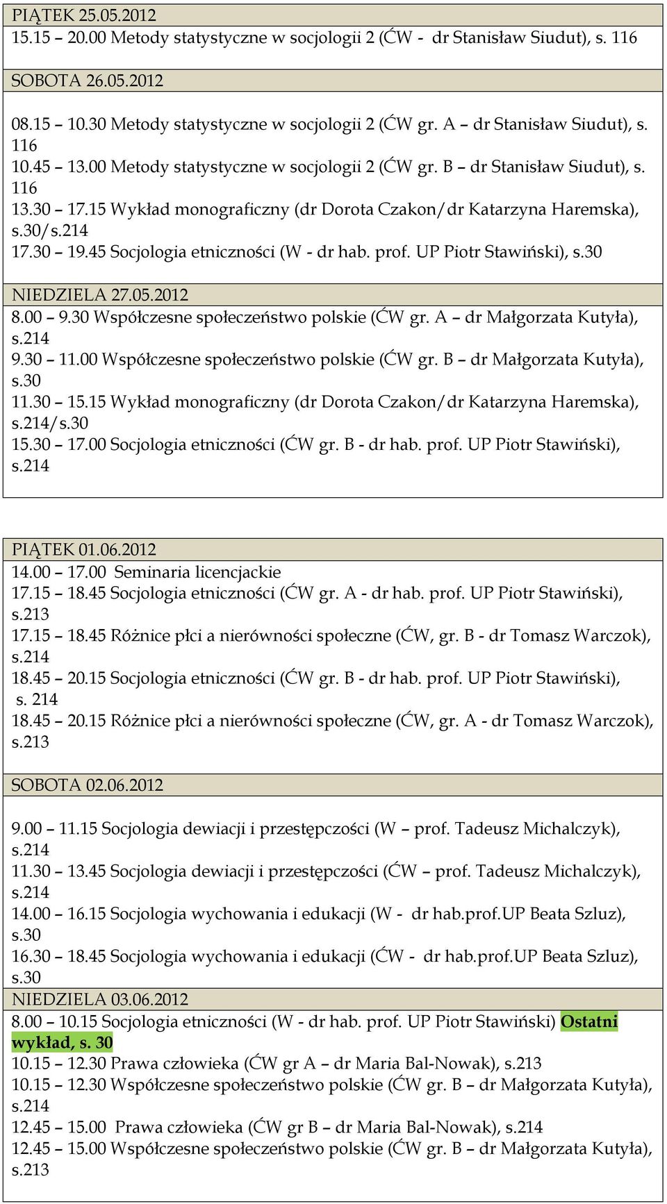 45 Socjologia etniczności (W - dr hab. prof. UP Piotr Stawiński), NIEDZIELA 27.05.2012 8.00 9.30 Współczesne społeczeństwo polskie (ĆW gr. A dr Małgorzata Kutyła), 9.30 11.