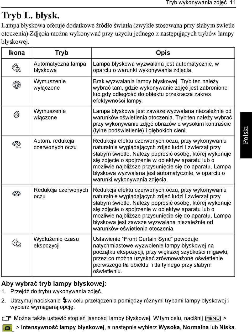Ikona Tryb Opis Automatyczna lampa błyskowa Wymuszenie wyłączone Wymuszenie włączone Autom.