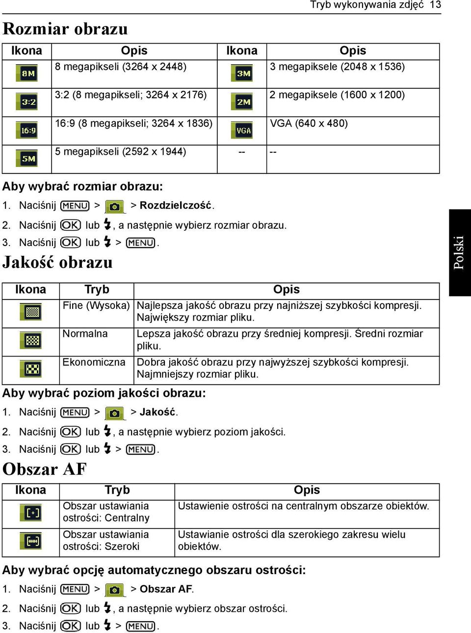 Jakość obrazu Ikona Tryb Opis Fine (Wysoka) Najlepsza jakość obrazu przy najniższej szybkości kompresji. Największy rozmiar pliku. Normalna Lepsza jakość obrazu przy średniej kompresji.