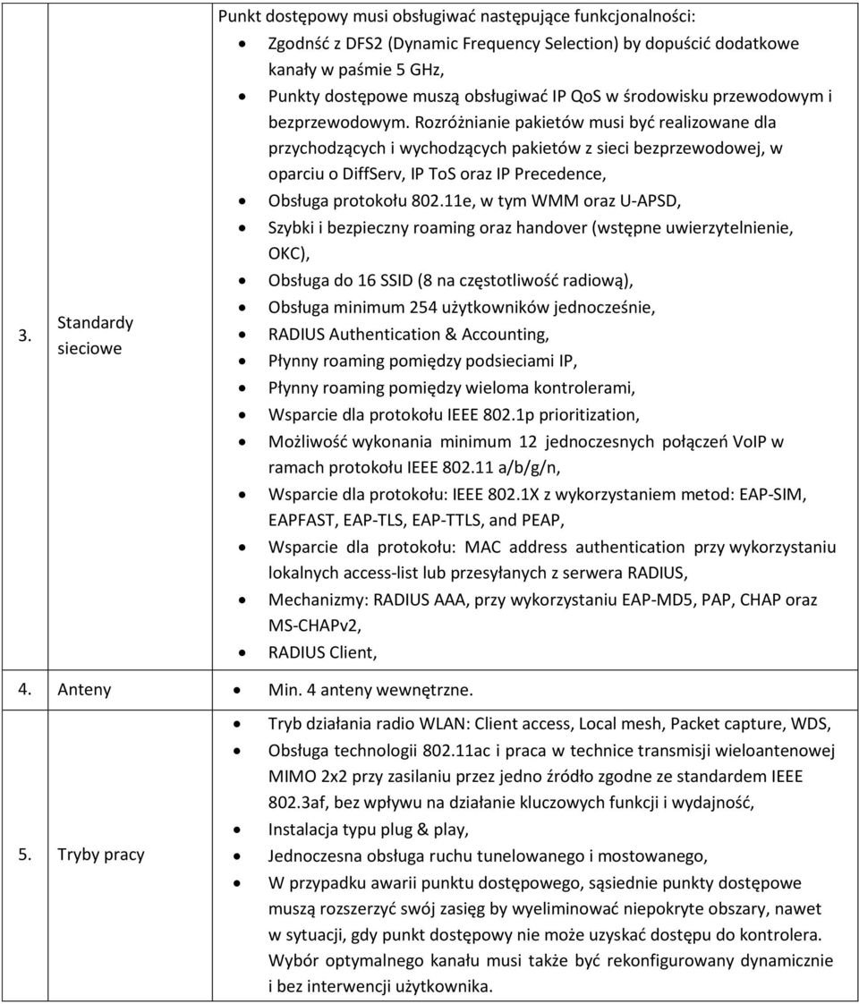 Rozróżnianie pakietów musi byd realizowane dla przychodzących i wychodzących pakietów z sieci bezprzewodowej, w oparciu o DiffServ, IP ToS oraz IP Precedence, Obsługa protokołu 802.