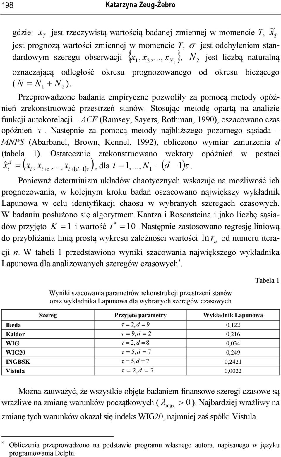 Sosując meoę oparą na analze funkcj auokorelacj ACF (Ramsey, Sayers, Rohman, 990), oszacowano czas opóźneń τ.