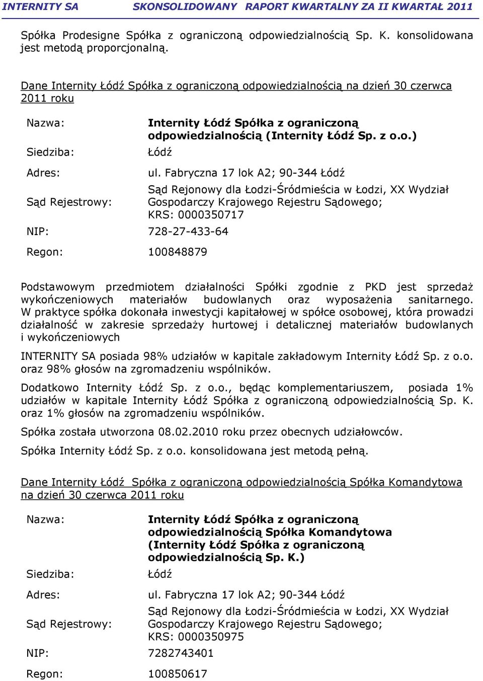 Fabryczna 17 lok A2; 90-344 Łódź Sąd Rejonowy dla Łodzi-Śródmieścia w Łodzi, XX Wydział Gospodarczy Krajowego Rejestru Sądowego; KRS: 0000350717 Podstawowym przedmiotem działalności Spółki zgodnie z