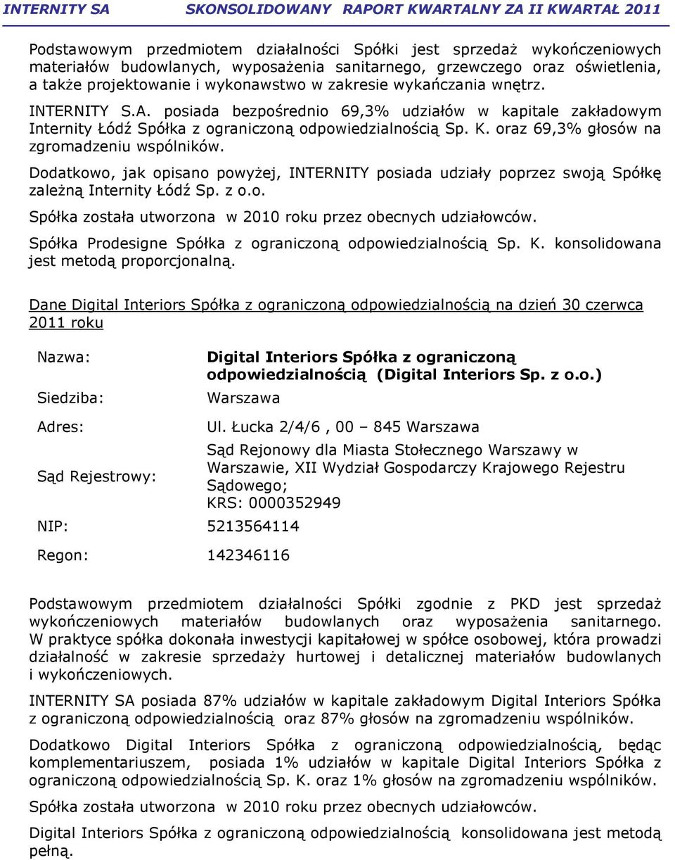 Dodatkowo, jak opisano powyŝej, INTERNITY posiada udziały poprzez swoją Spółkę zaleŝną Internity Łódź Sp. z o.o. Spółka została utworzona w 2010 roku przez obecnych udziałowców.