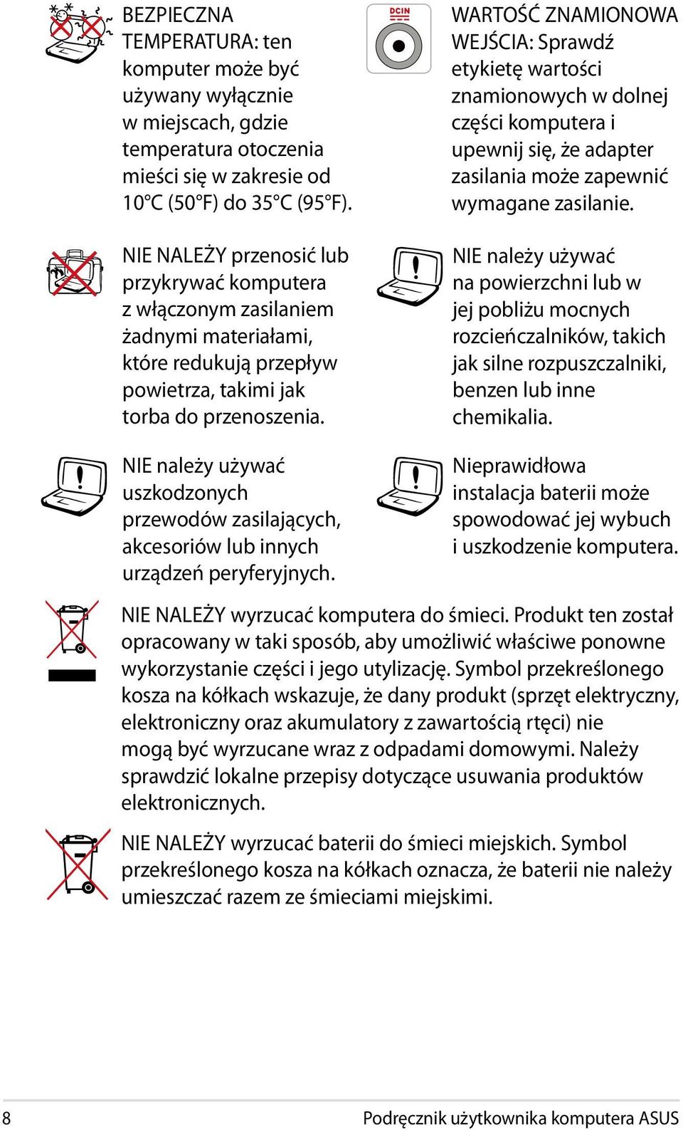 NIE należy używać uszkodzonych przewodów zasilających, akcesoriów lub innych urządzeń peryferyjnych.