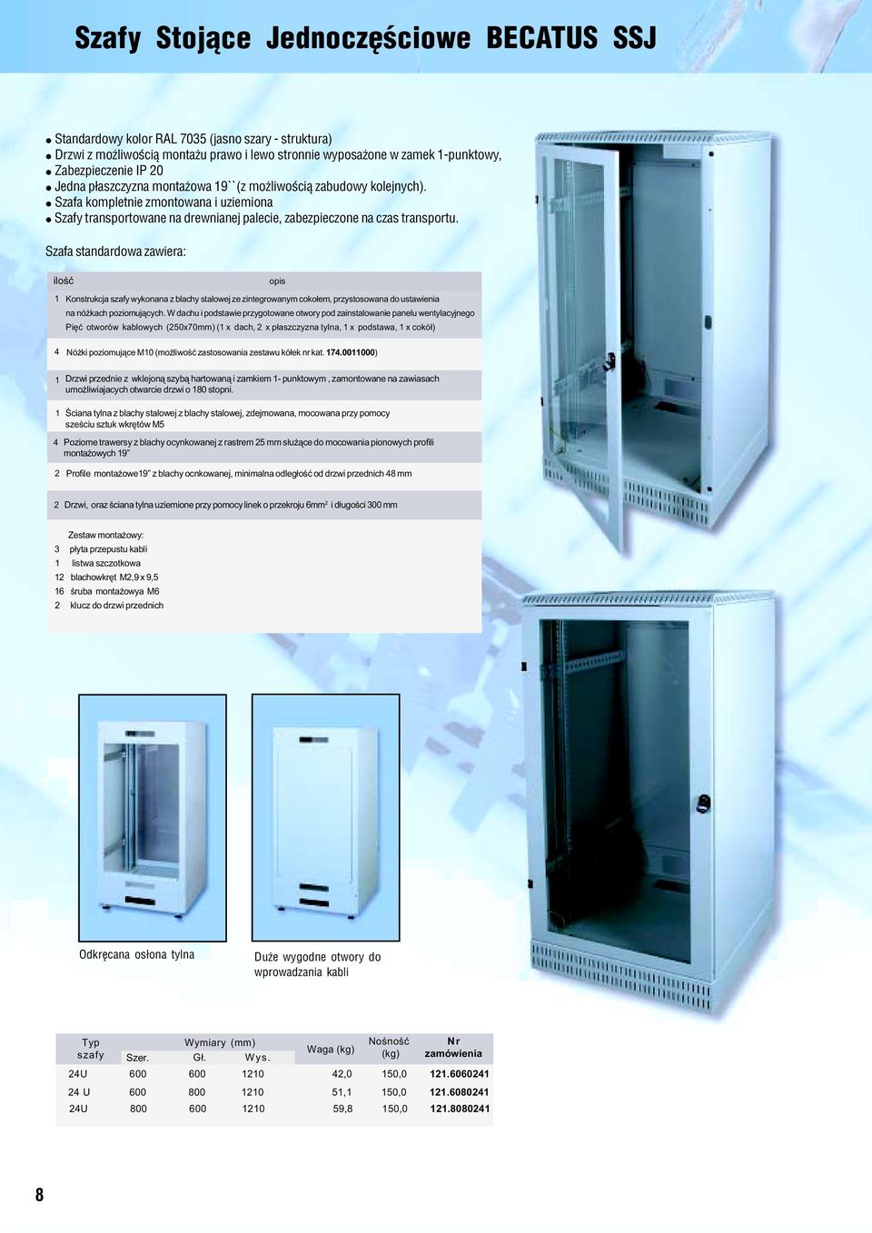 Szafa standardowa zawiera: iloœæ opis Konstrukcja szafy wykonana z blachy stalowej ze zintegrowanym coko³em, przystosowana do ustawienia na nó kach poziomuj¹cych.