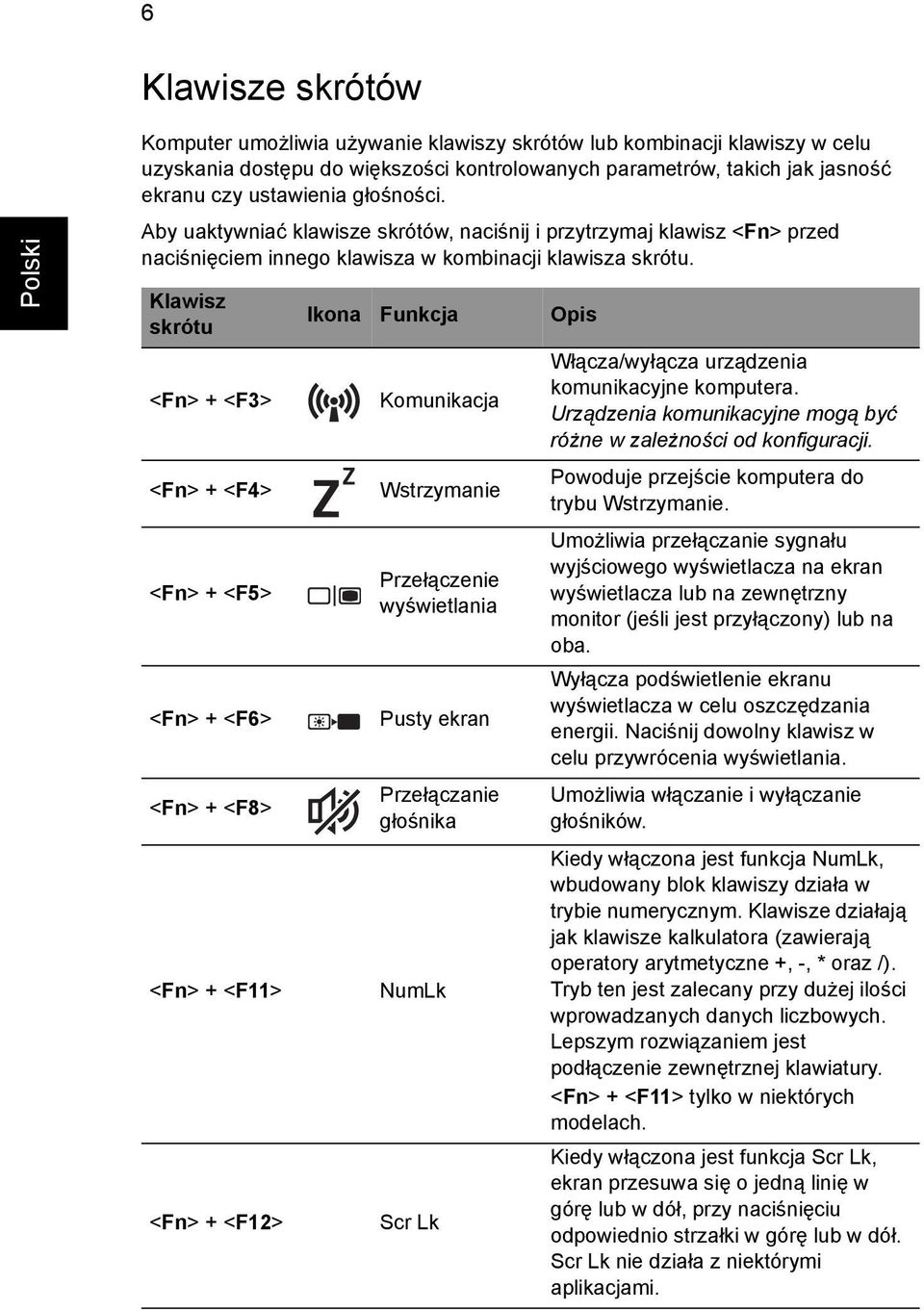 Klawisz skrótu <Fn> + <F> <Fn> + <F4> <Fn> + <F5> <Fn> + <F6> <Fn> + <F8> <Fn> + <F> <Fn> + <F> Ikona Funkcja Opis Komunikacja Wstrzymanie Przełączenie wyświetlania Pusty ekran Przełączanie głośnika