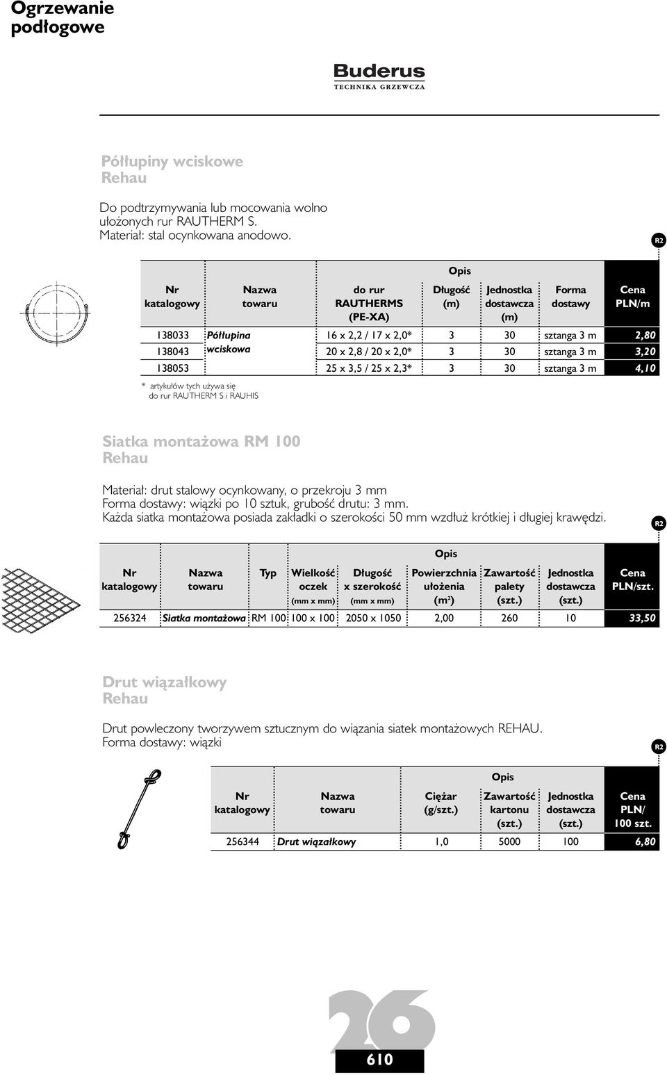 artyku ów tych u ywa si do rur RAUTHERM S i RAUHIS Siatka monta owa RM 00 Materia : drut stalowy ocynkowany, o przekroju 3 mm Forma dostawy: wiàzki po 0 sztuk, gruboêç drutu: 3 mm.