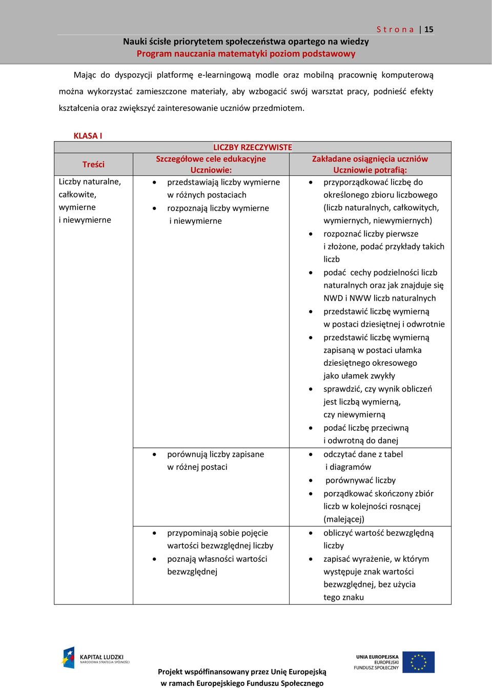 KLASA I Treści Liczby naturalne, całkowite, wymierne i niewymierne LICZBY RZECZYWISTE Szczegółowe cele edukacyjne Uczniowie: przedstawiają liczby wymierne w różnych postaciach rozpoznają liczby