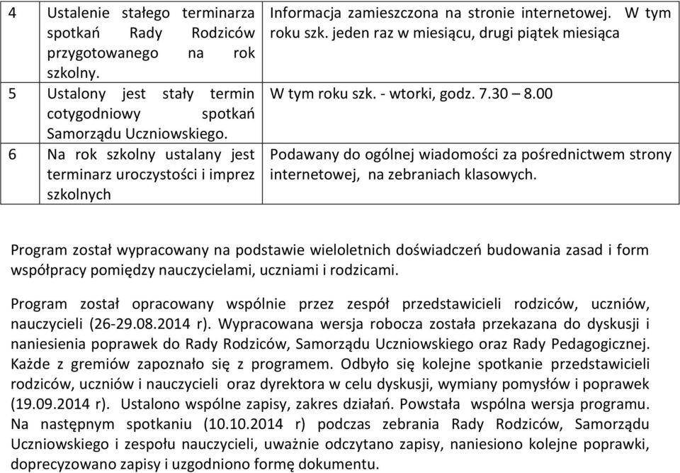 - wtorki, godz. 7.30 8.00 Podawany do ogólnej wiadomości za pośrednictwem strony internetowej, na zebraniach klasowych.