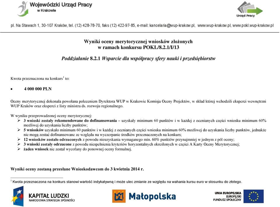 1 Wsparcie dla współpracy sfery nauki i przedsiębiorstw Kwota przeznaczona na konkurs 1 to: 4 000 000 PLN Oceny merytorycznej dokonała powołana poleceniem Dyrektora WUP w Krakowie Komisja Oceny