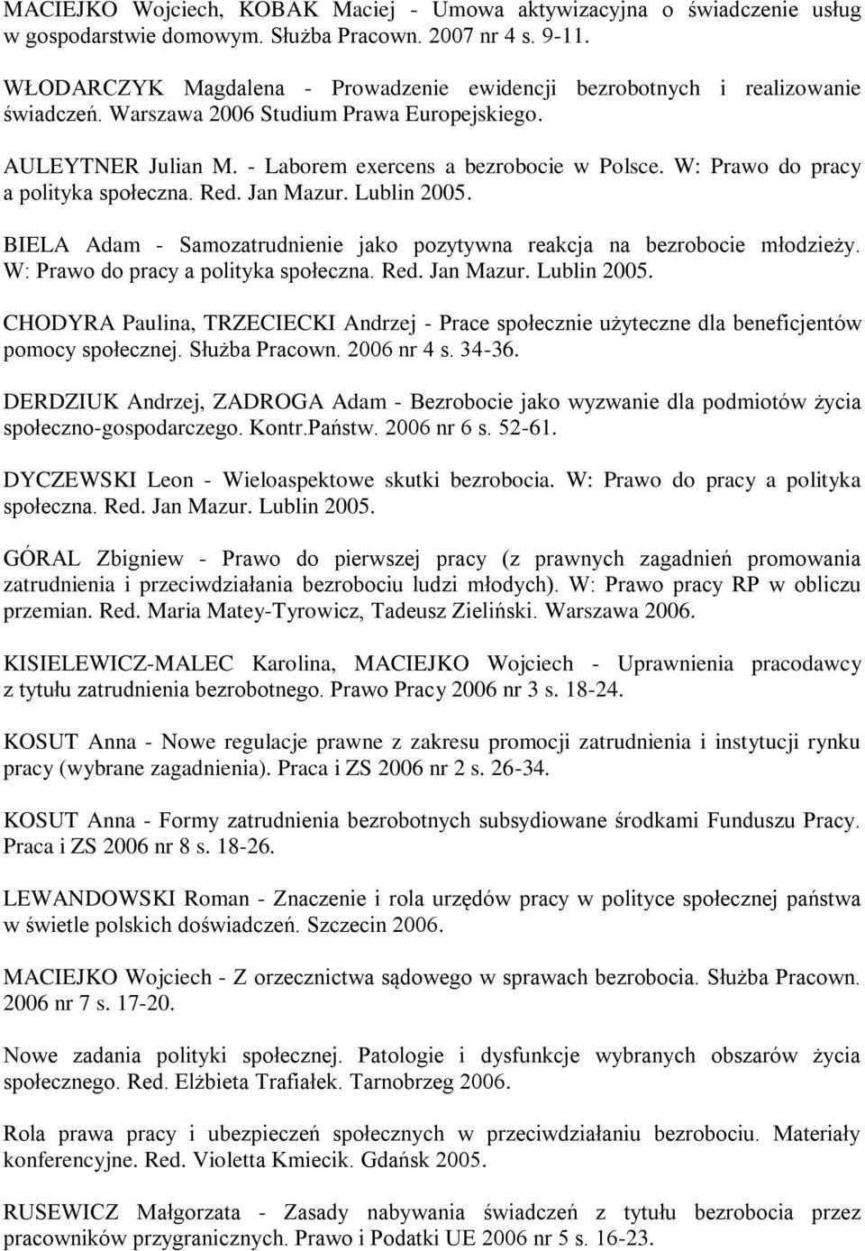 W: Prawo do pracy a polityka społeczna. Red. Jan Mazur. Lublin 2005. BIELA Adam - Samozatrudnienie jako pozytywna reakcja na bezrobocie młodzieży. W: Prawo do pracy a polityka społeczna. Red. Jan Mazur. Lublin 2005. CHODYRA Paulina, TRZECIECKI Andrzej - Prace społecznie użyteczne dla beneficjentów pomocy społecznej.