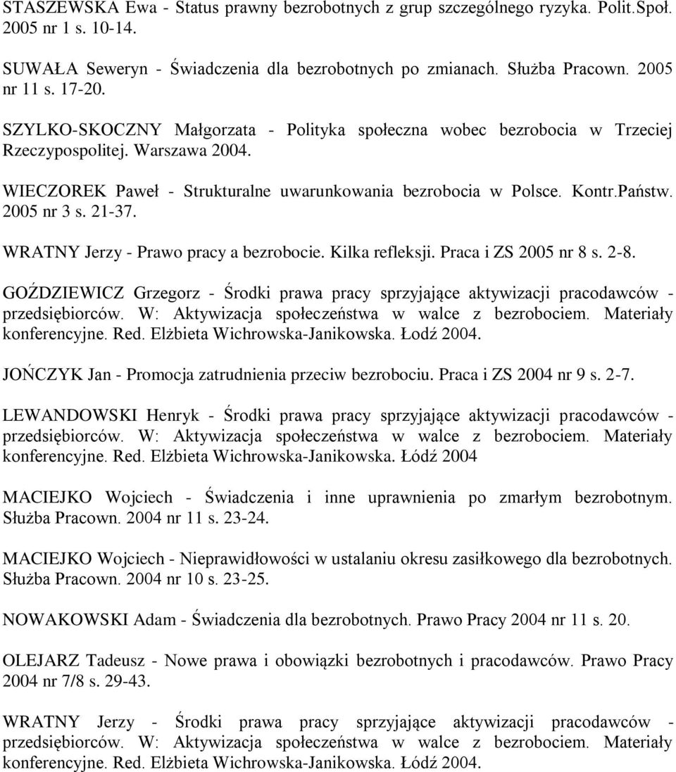 21-37. WRATNY Jerzy - Prawo pracy a bezrobocie. Kilka refleksji. Praca i ZS 2005 nr 8 s. 2-8. GOŹDZIEWICZ Grzegorz - Środki prawa pracy sprzyjające aktywizacji pracodawców - konferencyjne. Red.