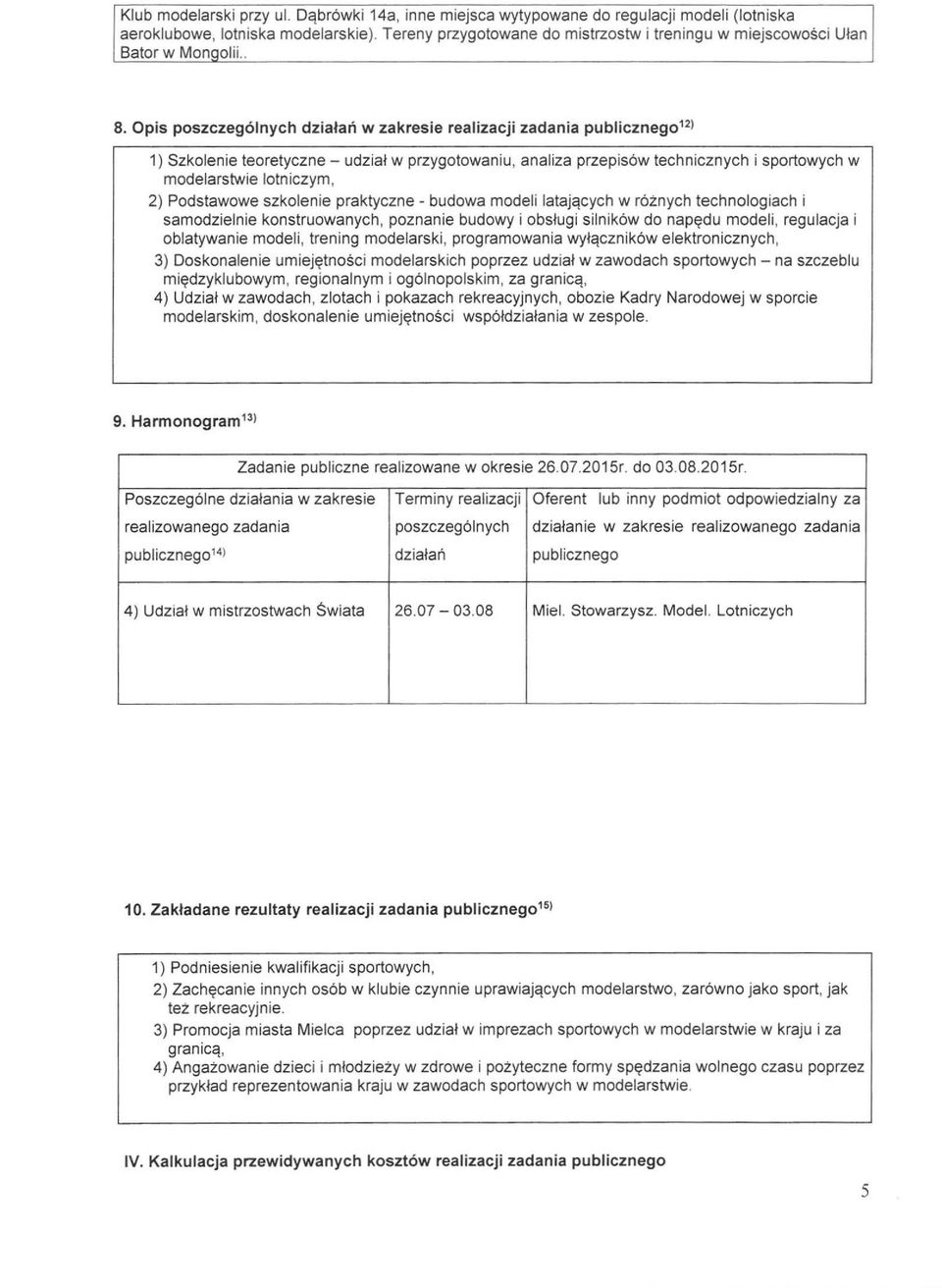 Opis poszczególnych działań w zakresie realizacji zadania publicznego 12 ) 1) Szkolenie teoretyczne - udział w przygotowaniu, analiza przepisów technicznych i sportowych w modelarstwie lotniczym, 2)