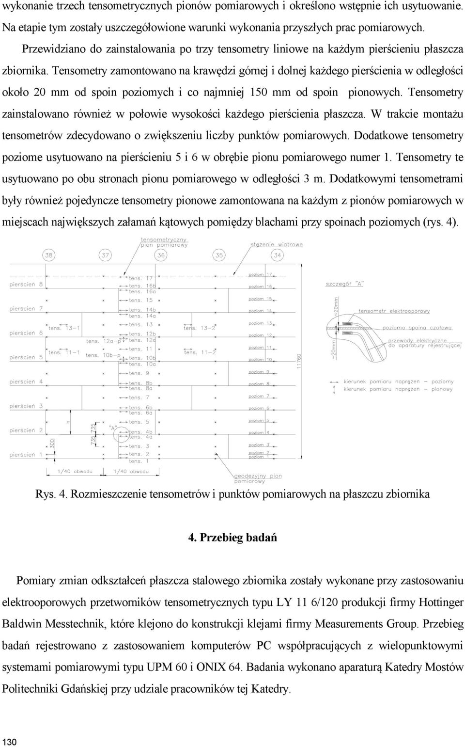 Tensometry zamontowano na krawędzi górnej i dolnej każdego pierścienia w odległości około 20 mm od spoin poziomych i co najmniej 150 mm od spoin pionowych.