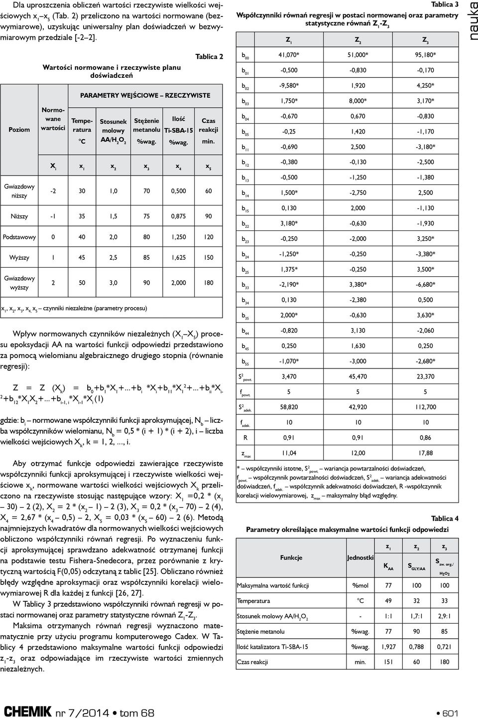 Tablica 3 Współczynniki równań regresji w postaci normowanej oraz parametry statystyczne równań Z 1 -Z 3 Z 1 Z 2 Z 3 nauka Poziom Wartości normowane i rzeczywiste planu doświadczeń Normowane wartości