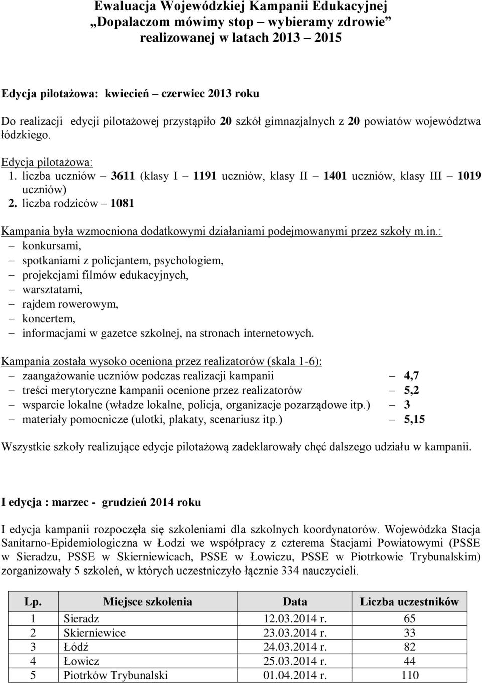 liczba rodziców 1081 konkursami, spotkaniami z policjantem, psychologiem, warsztatami, rajdem rowerowym, koncertem, informacjami w gazetce szkolnej, na stronach internetowych.