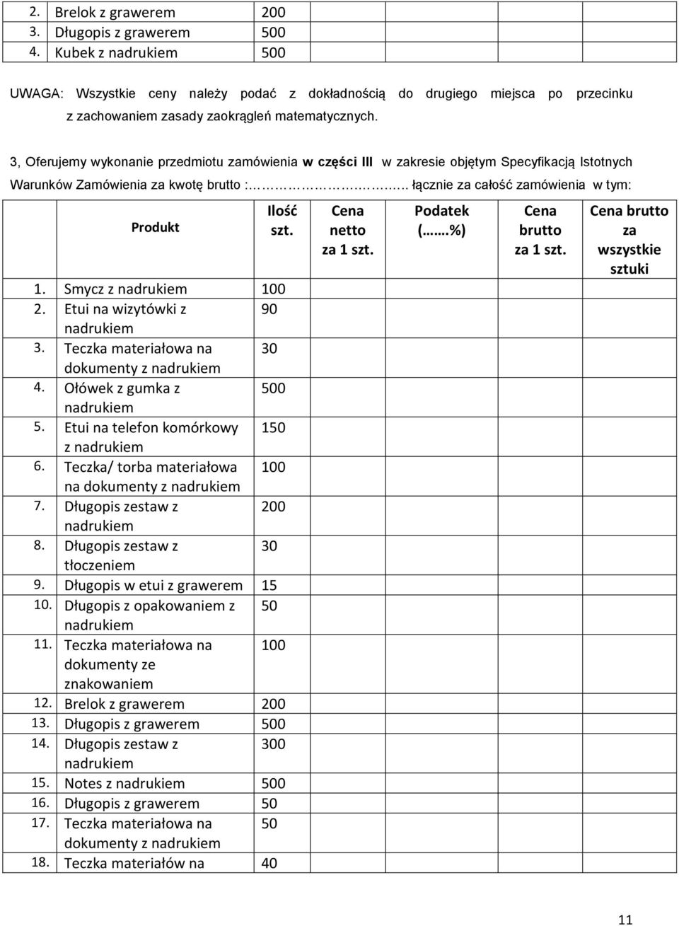 3, Oferujemy wykonanie przedmiotu zamówienia w części III w zakresie objętym Specyfikacją Istotnych Warunków Zamówienia za kwotę brutto :.... łącznie za całość zamówienia w tym: Produkt Ilość szt. 1.