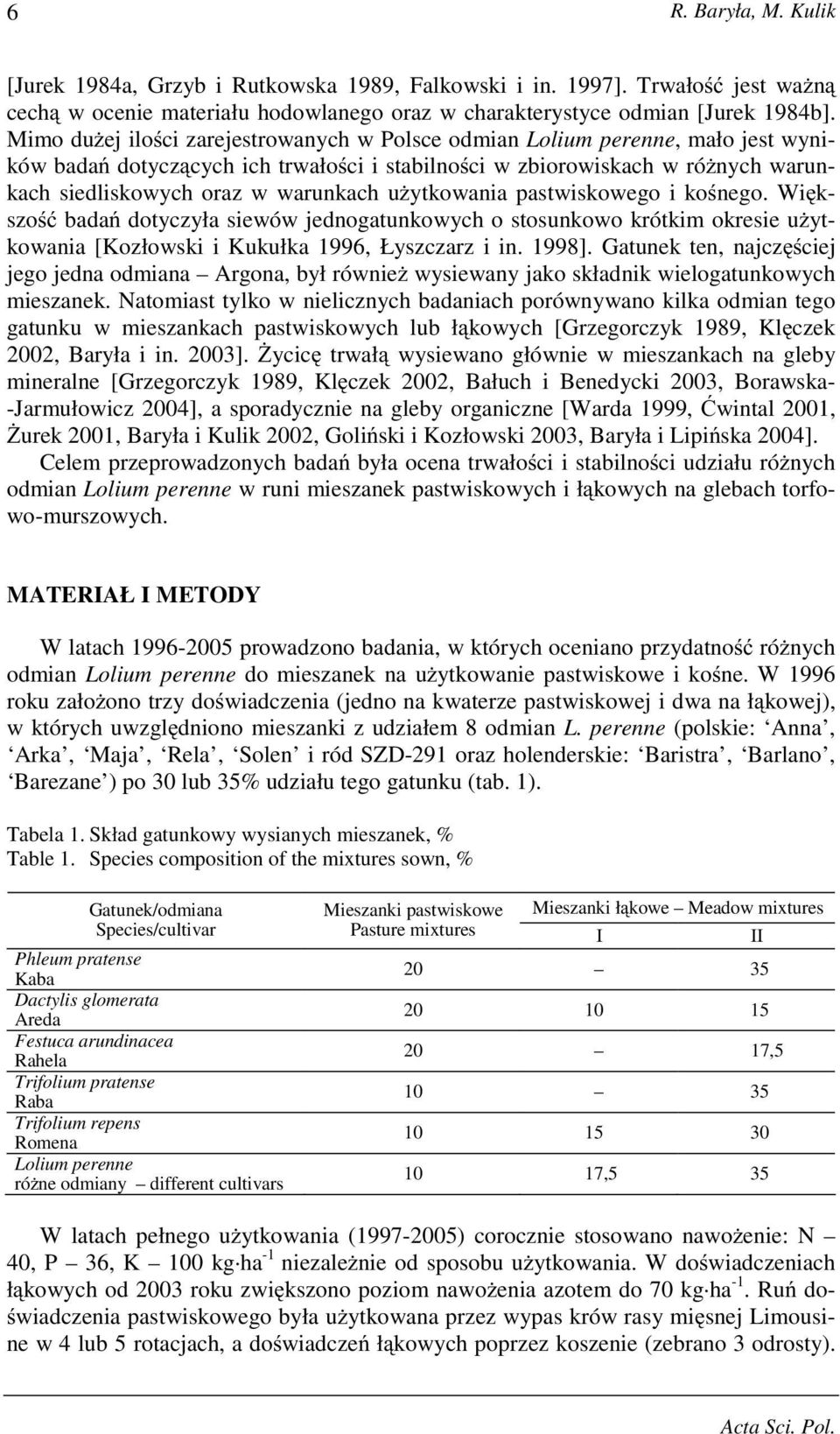 uŝytkowania pastwiskowego i kośnego. Większość badań dotyczyła siewów jednogatunkowych o stosunkowo krótkim okresie uŝytkowania [Kozłowski i Kukułka 1996, Łyszczarz i in. 1998].