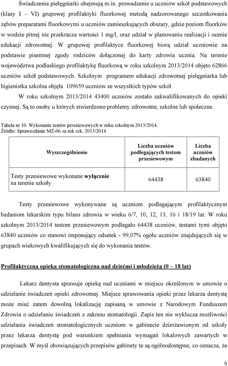 fluorków w wodzie pitnej nie przekracza wartości 1 mg/l, oraz udział w planowaniu realizacji i ocenie edukacji zdrowotnej.