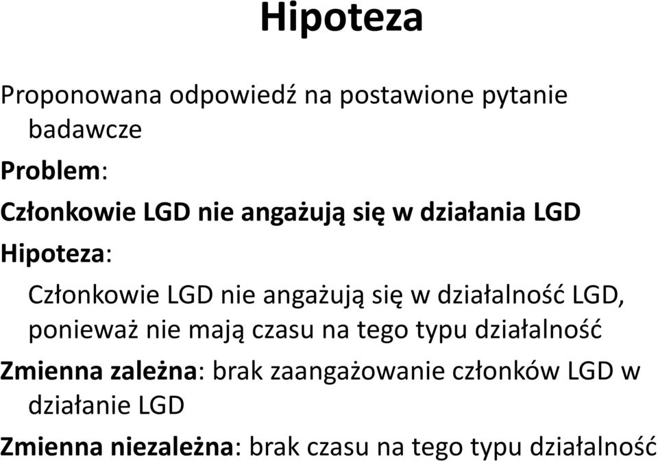 działalność LGD, ponieważ nie mają czasu na tego typu działalność Zmienna zależna: brak