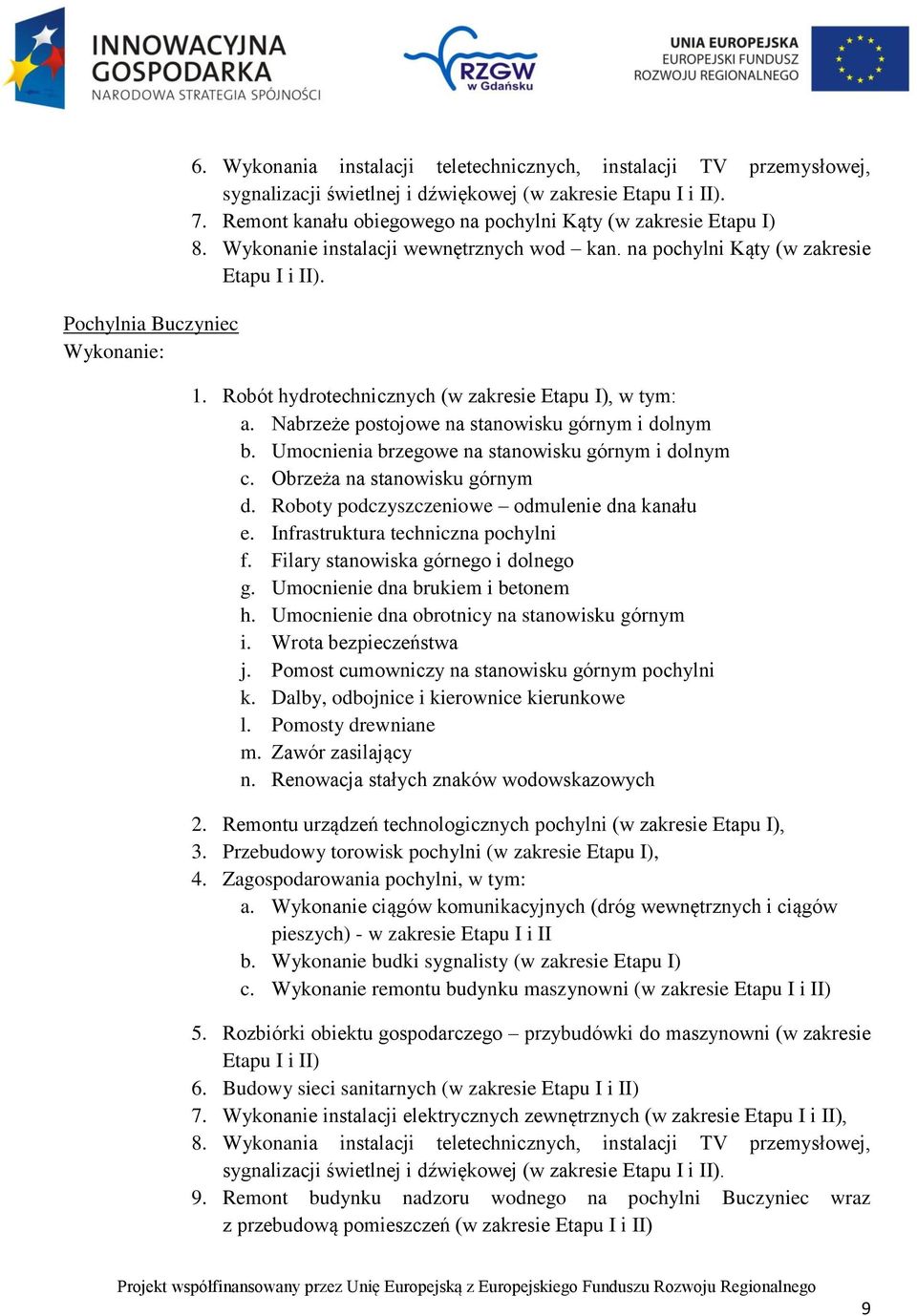 Robót hydrotechnicznych (w zakresie Etapu I), w tym: a. Nabrzeże postojowe na stanowisku górnym i dolnym b. Umocnienia brzegowe na stanowisku górnym i dolnym c. Obrzeża na stanowisku górnym d.