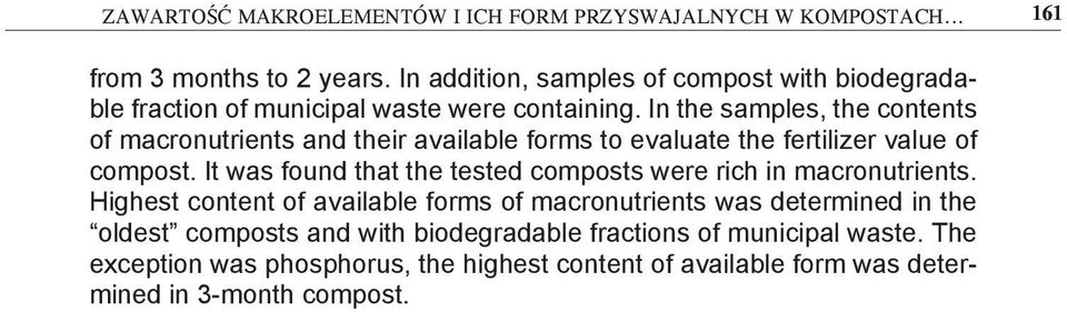 In the samples, the contents of macronutrients and their available forms to evaluate the fertilizer value of compost.