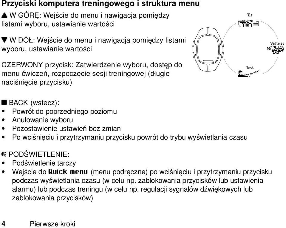 Anulowanie wyboru Pozostawienie ustawień bez zmian Po wciśnięciu i przytrzymaniu przycisku powrót do trybu wyświetlania czasu PODŚWIETLENIE: Podświetlenie tarczy Wejście do Quick menu (menu