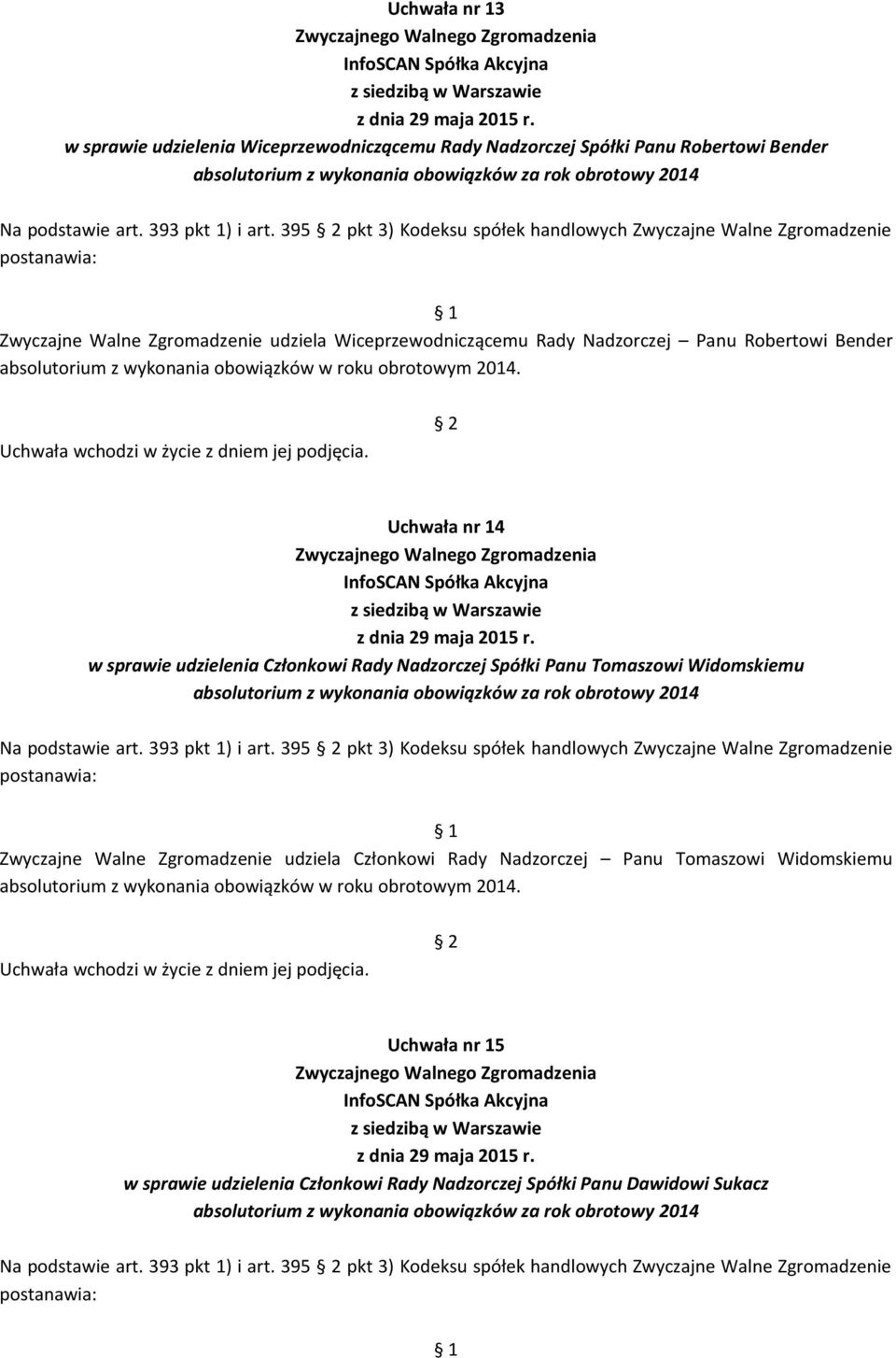 roku obrotowym 2014. Uchwała nr 14 w sprawie udzielenia Członkowi Rady Nadzorczej Spółki Panu Tomaszowi Widomskiemu absolutorium z wykonania obowiązków za rok obrotowy 2014 Na podstawie art.