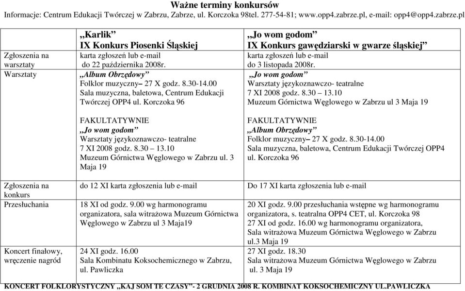 pl Zgłoszenia na warsztaty Warsztaty Zgłoszenia na konkurs Przesłuchania Koncert finałowy, wręczenie nagród Karlik IX Konkurs Piosenki Śląskiej karta zgłoszeń lub e-mail do 22 października 2008r.