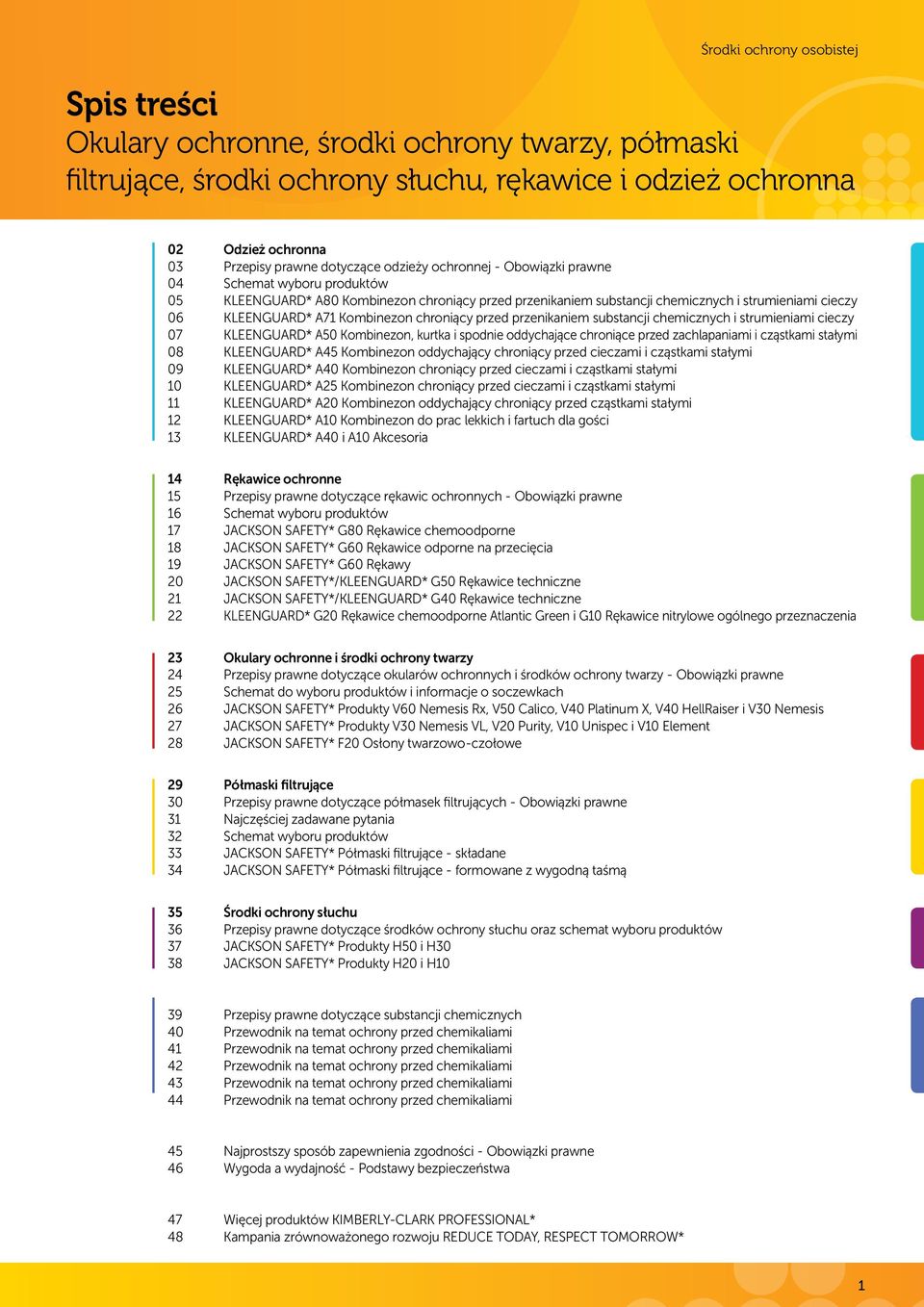 przenikaniem substancji chemicznych i strumieniami cieczy 07 KLEENGUARD* A50 Kombinezon, kurtka i spodnie oddychające chroniące przed zachlapaniami i cząstkami stałymi 08 KLEENGUARD* A45 Kombinezon