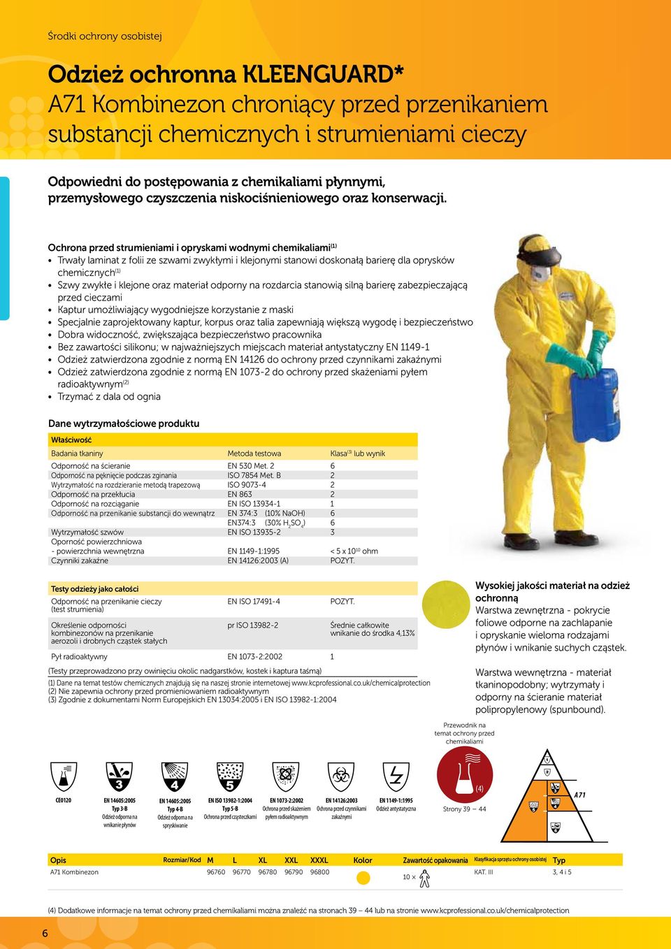 Ochrona przed strumieniami i opryskami wodnymi chemikaliami () Trwały laminat z folii ze szwami zwykłymi i klejonymi stanowi doskonałą barierę dla oprysków chemicznych () Szwy zwykłe i klejone oraz