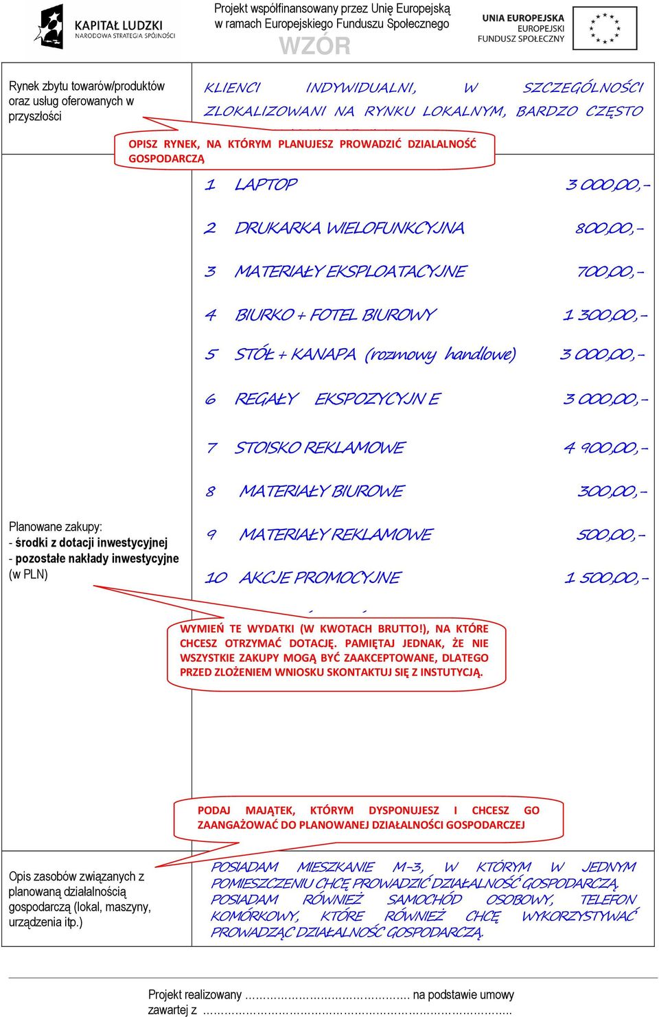 STÓŁ + KANAPA (rozmowy handlowe) 3 000,00,- 6 REGAŁY EKSPOZYCYJN E 3 000,00,- 7 STOISKO REKLAMOWE 4 900,00,- 8 MATERIAŁY BIUROWE 300,00,- Planowane zakupy: - środki z dotacji inwestycyjnej -