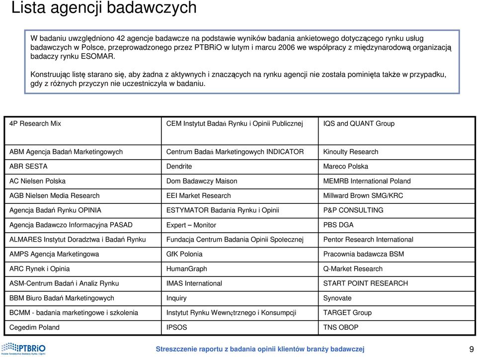 Konstruując listę starano się, aby Ŝadna z aktywnych i znaczących na rynku agencji nie została pominięta takŝe w przypadku, gdy z róŝnych przyczyn nie uczestniczyła w badaniu.