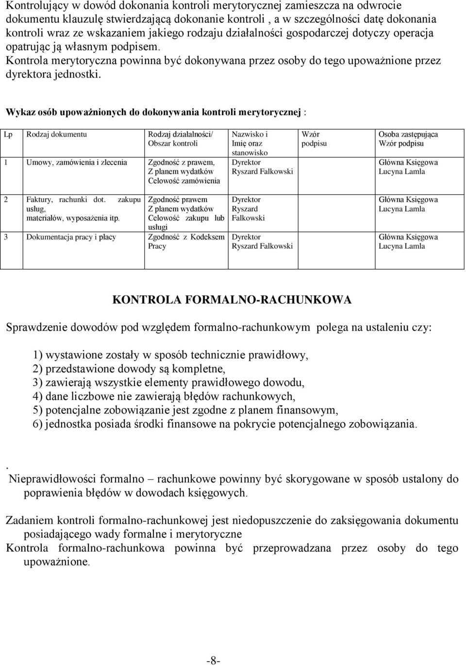 Wykaz osób upoważnionych do dokonywania kontroli merytorycznej : Lp Rodzaj dokumentu Rodzaj działalności/ Obszar kontroli 1 Umowy, zamówienia i zlecenia Zgodność z prawem, Z planem wydatków Celowość