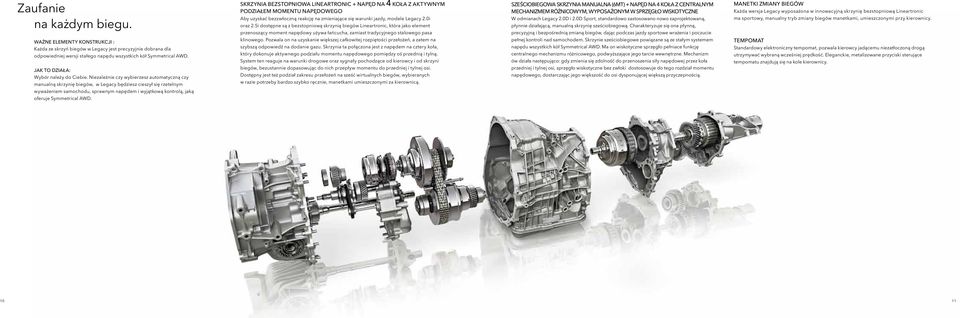 5i dostępne są z bezstopniową skrzynią biegów Lineartronic, która jako element przenoszący moment napędowy używa łańcucha, zamiast tradycyjnego stalowego pasa SZEŚCIOBIEGOWA SKRZYNIA MANUALNA (6MT) +