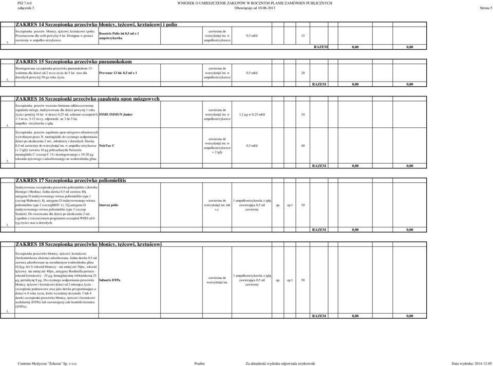 Boostrix Polio ini 0,5 ml x 1 ampstrzykawka 0,5 ml/d 15 ZAKRES 15 Szczepionka przeciwko pneumokokom Skoniugowana szczepionka przeciwko pneumokokom 13- walentna dla dzieci od 2 m-ca życia do 5 lat