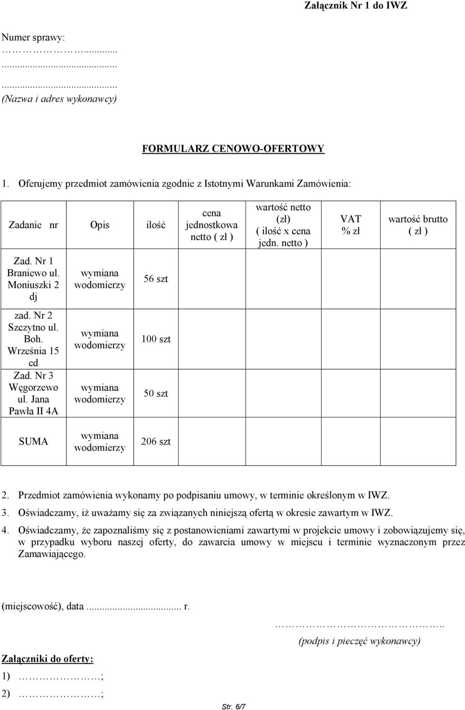 netto ) VAT % zł wartość brutto ( zł ) Zad. Nr 1 Braniewo ul. Moniuszki 2 dj 56 szt zad. Nr 2 Szczytno ul. Boh. Września 15 cd Zad. Nr 3 Węgorzewo ul. Jana Pawła II 4A 100 szt 50 szt SUMA 206 szt 2.