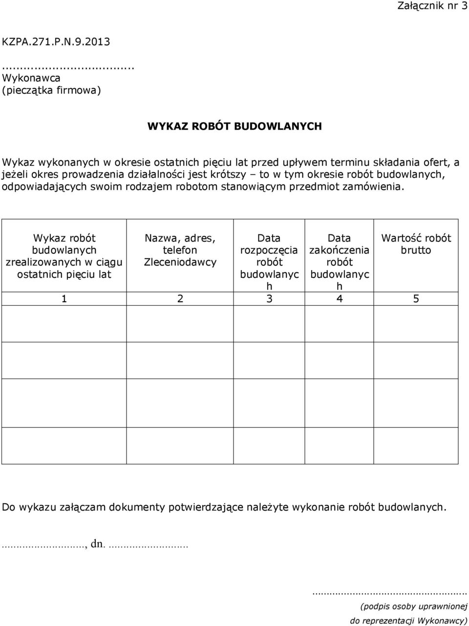 dziaalności jest krótszy to w tym okresie robót budowlanych, odpowiadających swoim rodzajem robotom stanowiącym przedmiot zamówienia.