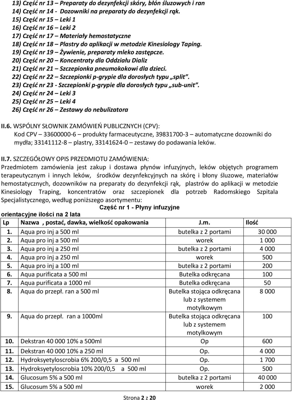 19) Część nr 19 Żywienie, preparaty mleko zastępcze. 20) Część nr 20 Koncentraty dla Oddziału Dializ 21) Część nr 21 Szczepionka pneumokokowi dla dzieci.