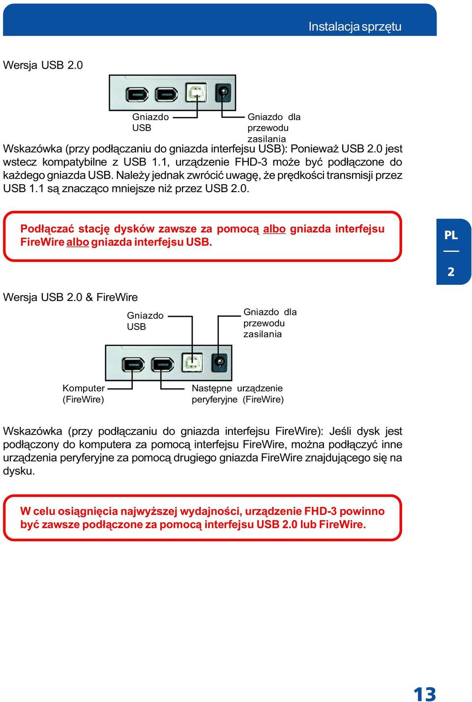 Pod³¹czaæ stacjê dysków zawsze za pomoc¹ albo gniazda interfejsu FireWire albo gniazda interfejsu USB. 2 Wersja USB 2.