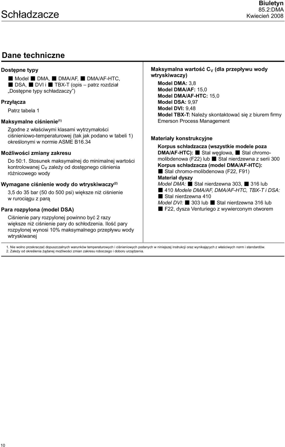 Stosunek maksymalnej do minimalnej wartości kontrolowanej Cv zależy od dostępnego ciśnienia różnicowego wody Wymagane ciśnienie wody do wtryskiwaczy (2),5 do 5 bar (50 do 500 psi) większe niż