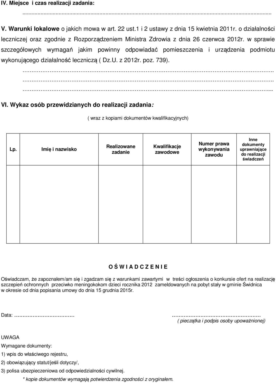 w sprawie szczegółowych wymagań jakim powinny odpowiadać pomieszczenia i urządzenia podmiotu wykonującego działalność leczniczą ( Dz.U. z 2012r. poz. 739).... VI.