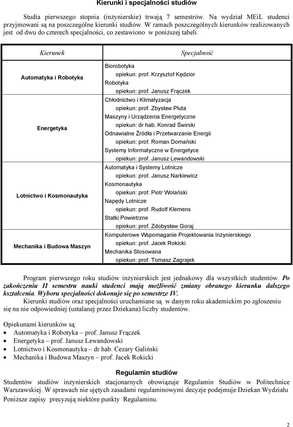 Kierunek Automatyka i Robotyka Energetyka Lotnictwo i Kosmonautyka Mechanika i Budowa Maszyn Specjalność Biorobotyka opiekun: prof. Krzysztof Kędzior Robotyka opiekun: prof.