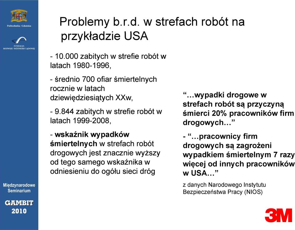 844 zabitych w strefie robót w latach 1999-2008, - wskaźnik wypadków śmiertelnych w strefach robót drogowych jest znacznie wyższy od tego samego wskaźnika w