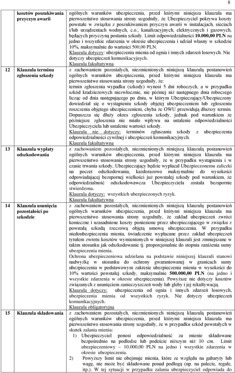 Limit odpowiedzialności 10.000,00 PLN na jedno i wszystkie zdarzenia w okresie ubezpieczenia i udział własny w szkodzie 10%, maksymalnie do wartości 500,00 PLN.