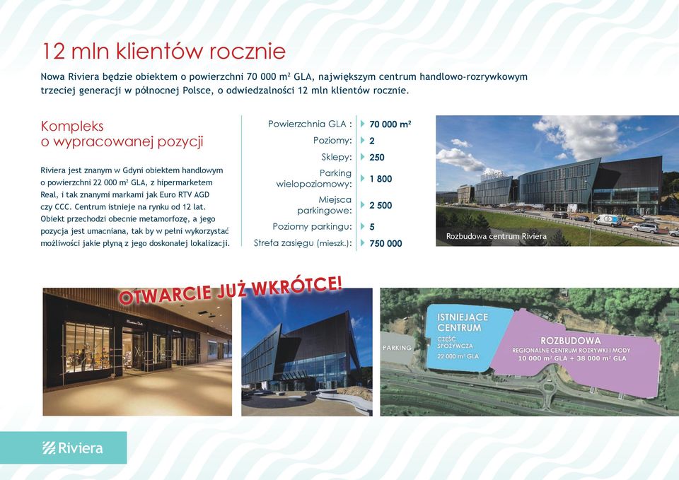 Kompleks o wypracowanej pozycji Powierzchnia GLA : Poziomy: Sklepy: Riviera jest znanym w Gdyni obiektem handlowym o powierzchni 22 000 m2 GLA, z hipermarketem Real, i tak znanymi markami jak Euro