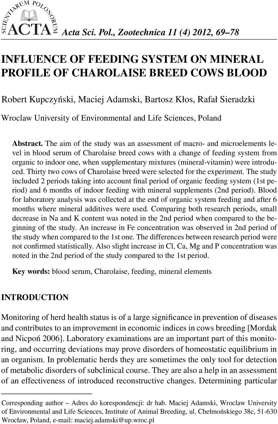 Environmental and Life Sciences, Poland Abstract.