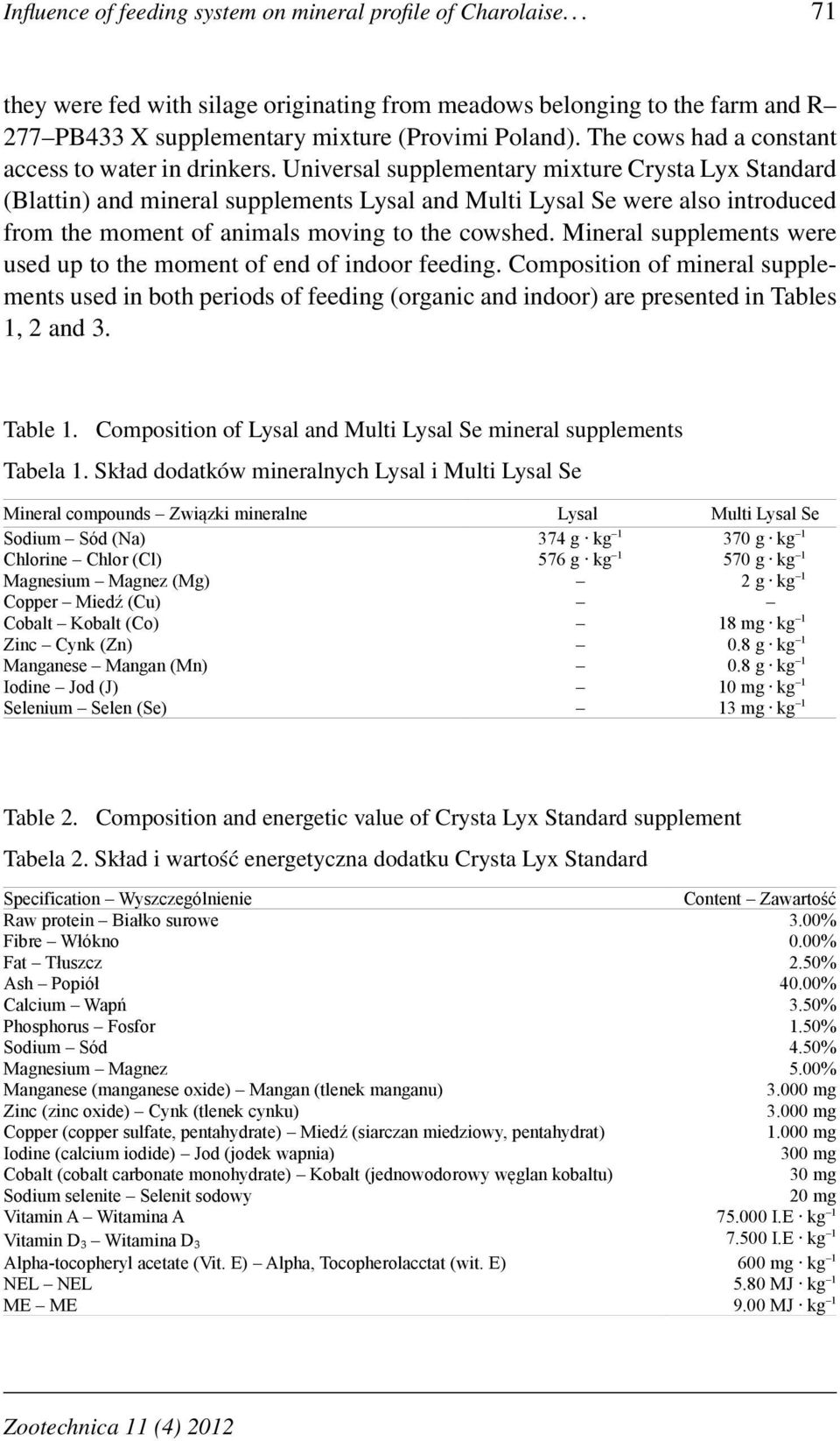 Universal supplementary mixture Crysta Lyx Standard (Blattin) and mineral supplements Lysal and Multi Lysal Se were also introduced from the moment of animals moving to the cowshed.