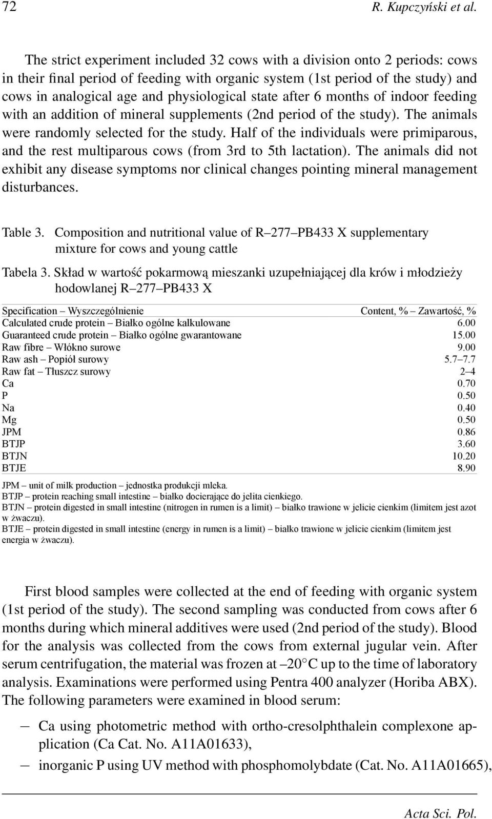 state after 6 months of indoor feeding with an addition of mineral supplements (2nd period of the study). The animals were randomly selected for the study.