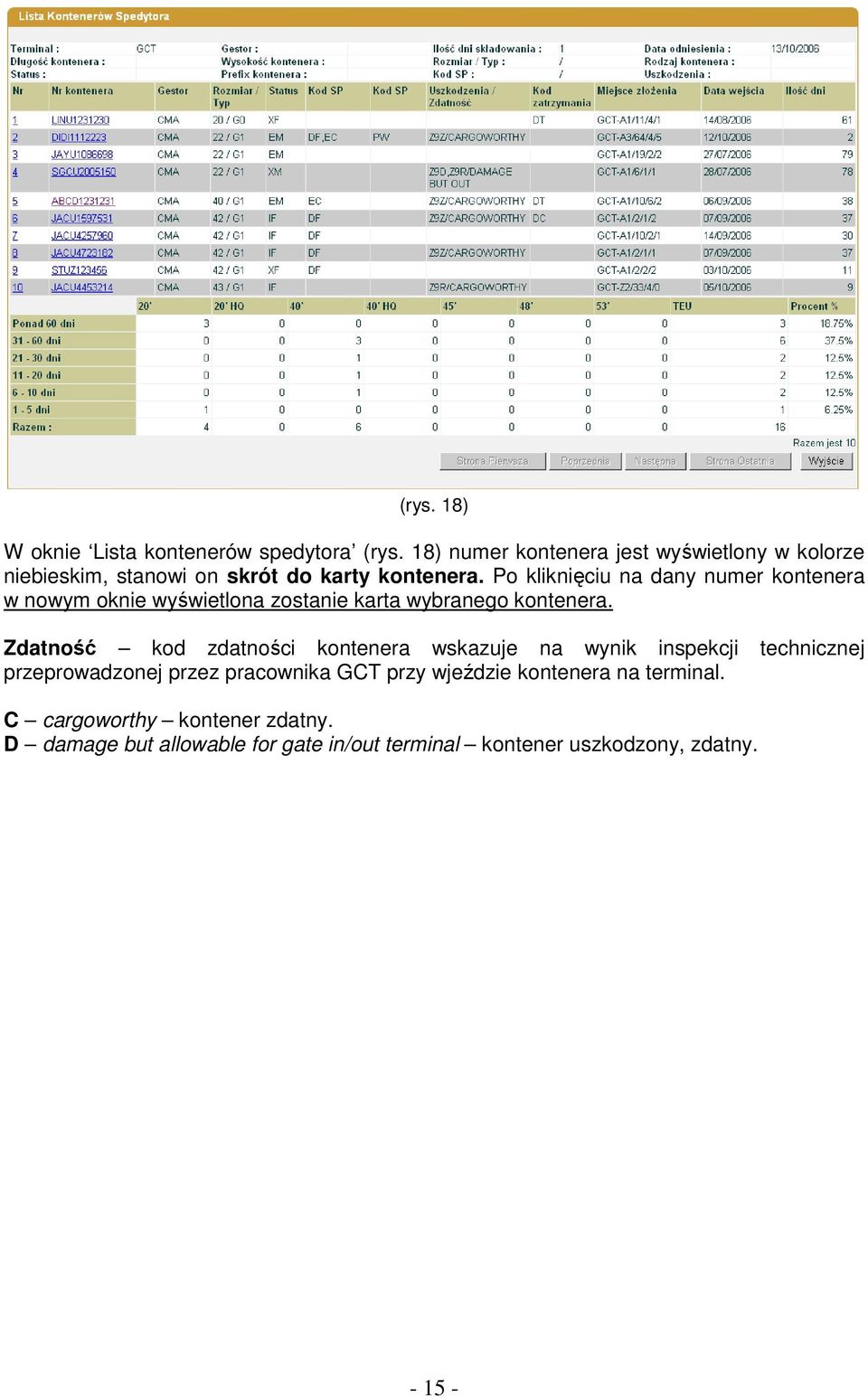 Po kliknięciu na dany numer kontenera w nowym oknie wyświetlona zostanie karta wybranego kontenera.